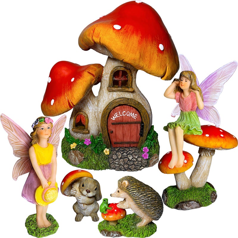 Mood Lab Fairy Garden - Mushroom House Set of 6 pcs - Miniature Figurines & Accessories Kit - for Outdoor or House Decor - Image 1